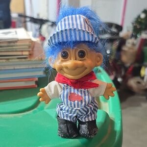 Vintage Russ Troll Doll with Blue Hair and Red Scarf Conductor / Engineer